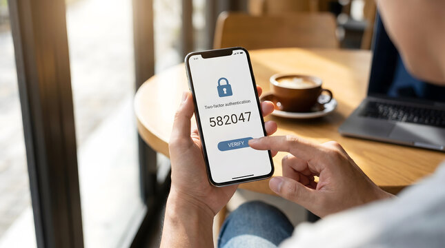 Man using smartphone for two-factor authentication and secure login at cafe, Cybersecurity and multi-factor authentication.