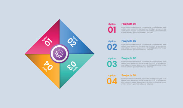 Rhombus base shape infographic with glossy gradient style with balance pie chart cut with paper art style and description stacked list with four segment information