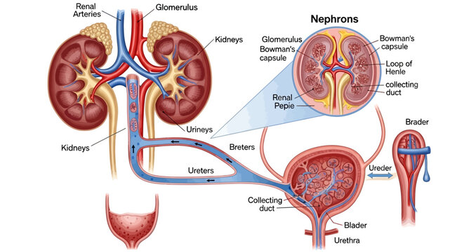 Detailed Human Urinary System Anatomy Diagram showing kidneys, nephron structure, bladder, ureters, and excretory organ function