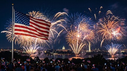 Obraz premium Patriotic spirit of the United States, independence celebration firework with flag at night