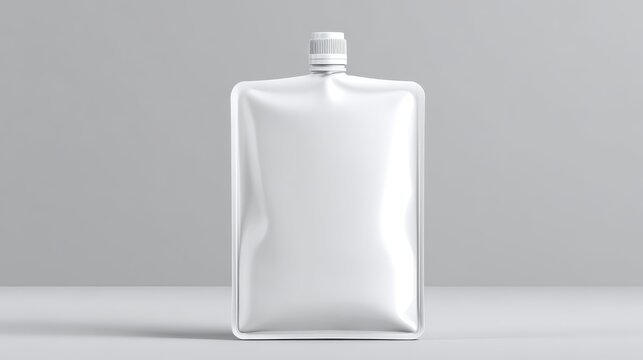 Realistic vector illustration of a blank white doypack pouch with corner spout cap, soft shadows and highlights on a neutral gray background