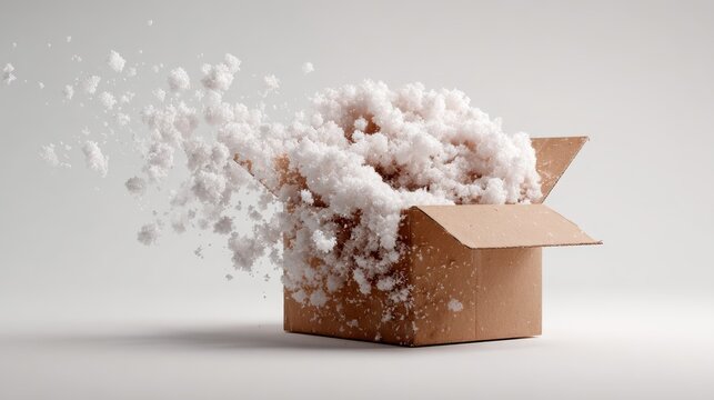 3D render of partially opened box with polystyrene filler overflowing, isolated on white, clear visibility of lightweight packaging material
