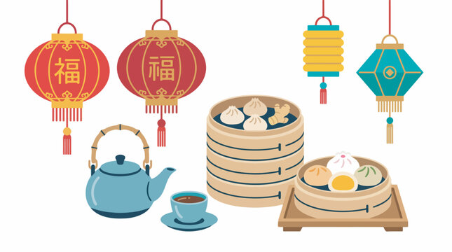 A collection of traditional Chinese New Year decorations and food items, including lanterns, a teapot, and various dim sum dishes.