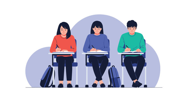 Three students sit at desks and concentrate on writing their answers during an important academic exam in a classroom.