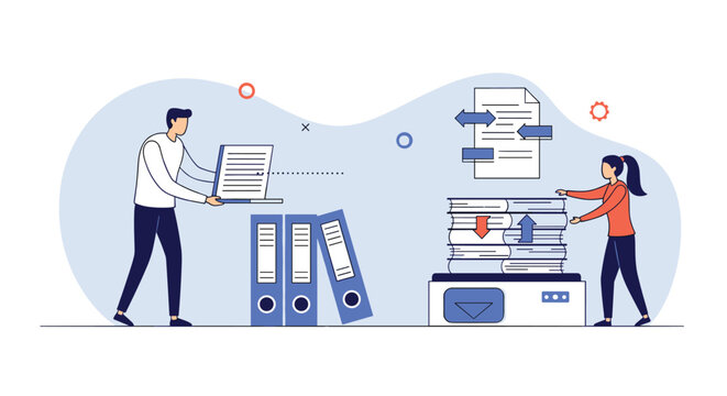 Office employees work efficiently together to organize large stacks of paper documents into blue binders and filing boxes.