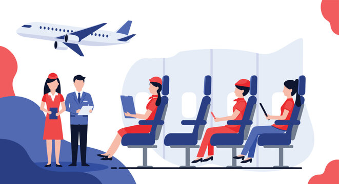 Passengers and crew members inside a commercial airplane cabin prepare for departure with a plane flying in the background.
