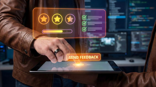Man using digital tablet with glowing send feedback button, star rating hologram, and checklist in IT programming environment, Customer satisfaction and software testing feedback.