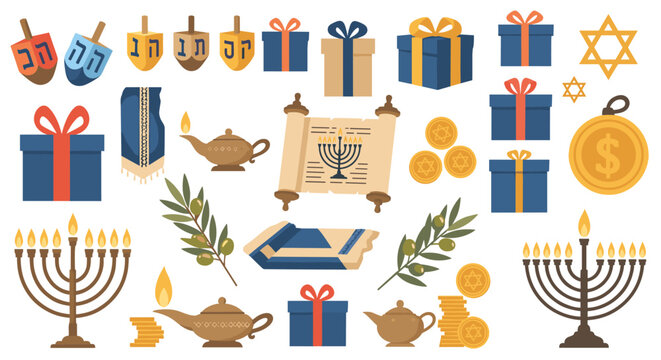 Comprehensive set of Hanukkah holiday elements including menorahs, dreidels, traditional gifts, gelt coins, and oil lamps for celebration.