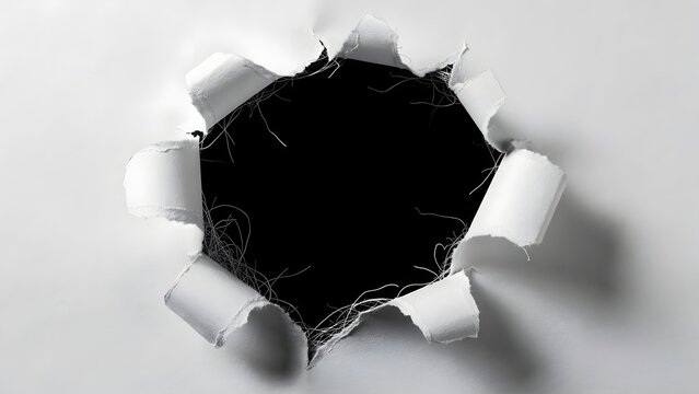 A torn hole in a white wall with jagged edges and a black background