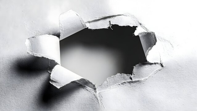 A torn hole in a white wall with jagged edges and a black background