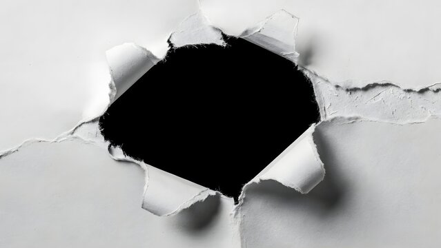 A torn hole in a white wall with jagged edges and a black background