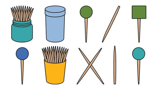 Minimal flat vector illustration of toothpick containers jars and decorative picks for kitchen dining and food service concepts