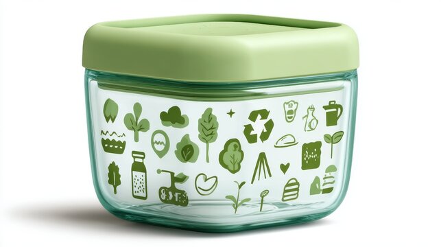 Vector cartoon glass container with green silicone lid, stackable design and eco-friendly icons, isolated on white background