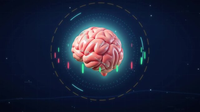 Glowing 3D human brain with futuristic data HUD interface representing artificial intelligence