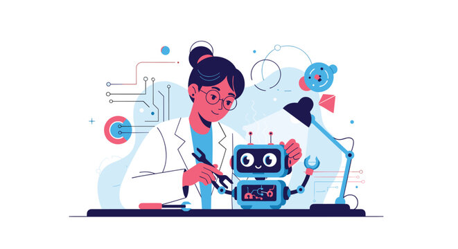 Professional female engineer in a lab coat uses a tool to repair a friendly blue robot at her desk in a modern laboratory office.
