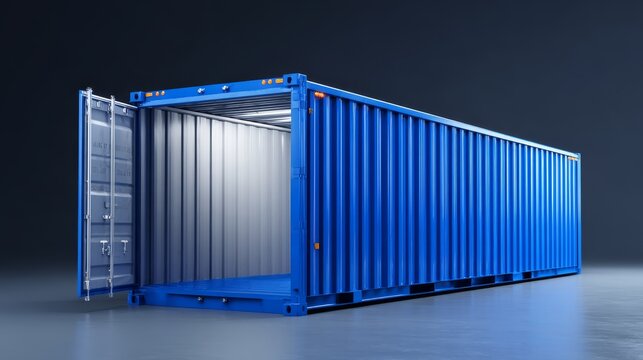 Blue shipping container with one full-length side wall removed, exposing a clean and empty interior, rendered in 3D with realistic lighting and shadow effects