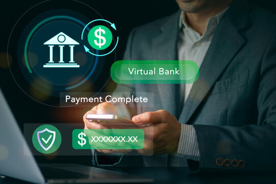 Businessman using a virtual bank application for secure digital payment and money transfer on smartphone. Concept of fintech safety, trusted online banking transaction, and e-commerce.
