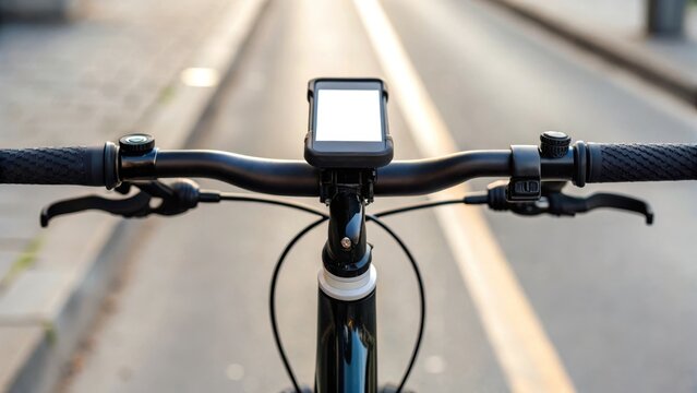 Daily bike commute concept. Bicycle handlebars with a mounted GPS device, positioned on a bike lane with blurred road in the background.
