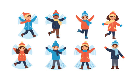 Fototapeta premium Collection of diverse children in winter clothing happily making snow angels and playing in the snow on a white background.