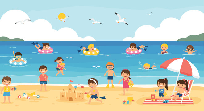 Lively beach scene with many children playing in the sand, swimming with tubes, snorkeling, and sunbathing under a summer sun.
