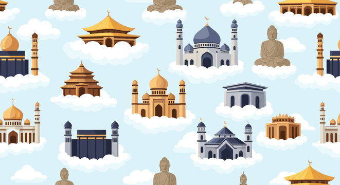 Seamless pattern of world religious landmarks including mosques, temples, and buddha statues floating on white clouds against a blue sky.