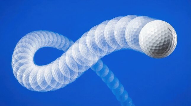 White golf ball flying through air, stroboscopic effect capturing multiple movements in infinity loop. Dynamic sports concept against blue background.