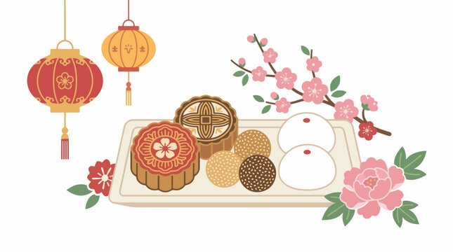 A festive arrangement of mooncakes and lanterns, symbolizing the Mid-Autumn Festival celebration with blooming flowers.