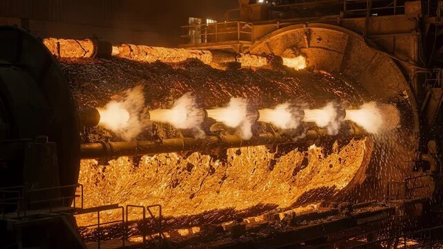 Medium shot capturing sideblown refining furnace operation showing intense flame interaction as oxygen tuyeres convert matte to blister copper and slag forms on the surface