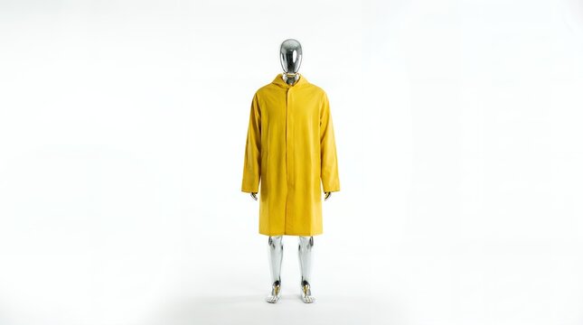 Futuristic Chrome Mannequin Dressed in a Vibrant Yellow Raincoat on White Background
