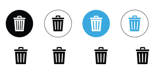 Trash can icon set featuring delete remove and waste buttons with flat round black and blue recycle bin symbols for web interfaces © MstMaya
