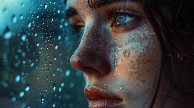 close-up portrait representing mental health awareness, thoughtful person sitting near rainy window, emotional resilience