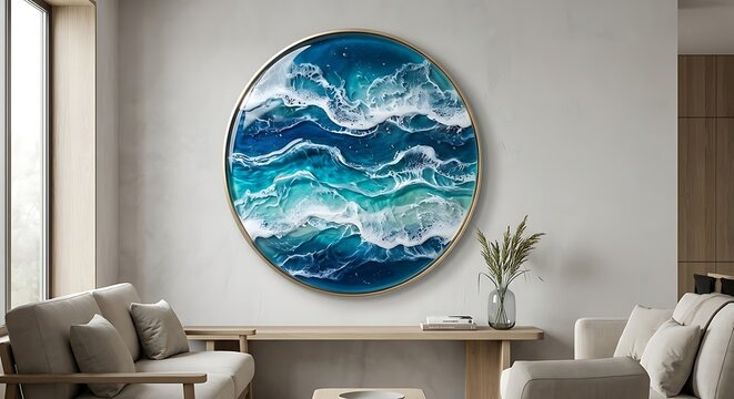 Circular ocean wave resin art wall decor in a modern living room