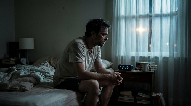 Man Awake at Night in Dark Bedroom