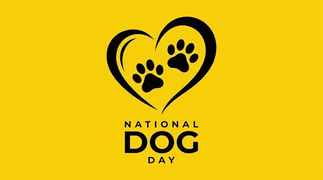 National dog day logo with heart and paw prints on yellow background