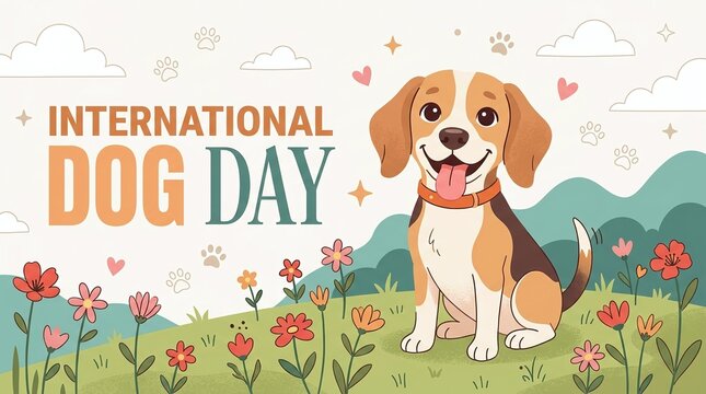 International dog day illustration with a cute beagle in a flower field