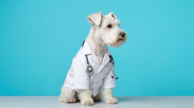 Adorable miniature schnauzer dog dressed as a veterinarian with stethoscope