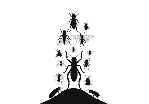 Black Flies Emerging from Hill Silhouette Isolated on White