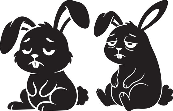 Two sad rabbit silhouette vector icons on white background with depressed silhouette isolated creature wildlife downcast