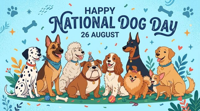 Happy national dog day illustration with group of cute different dog breeds