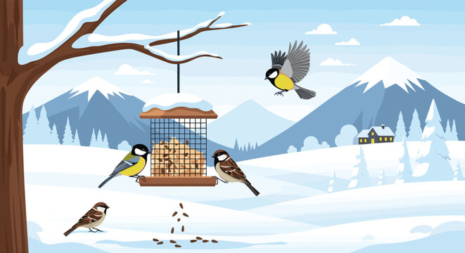 Group of small birds including tits and sparrows feeding at a wooden bird feeder in a snowy winter mountain landscape.