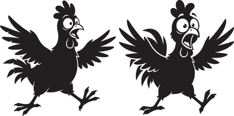 Fototapeta premium Two scared running chicken silhouettes vector illustration on white background with silhouette illustration frightened