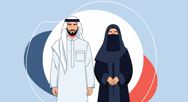 Portrait of an Arab man in a white thobe and a woman in a black niqab and abaya standing together against a stylized blue background.