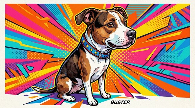 Pop art illustration of a cute dog named buster with colorful background