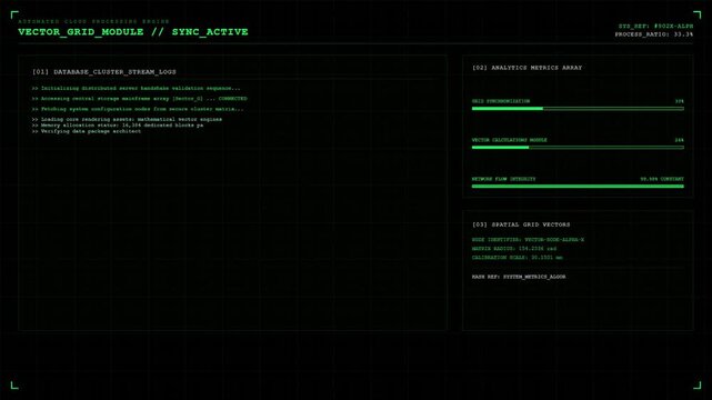 Sci fi vector grid module screen showing green database cluster stream logs and analytics metrics loading bars.