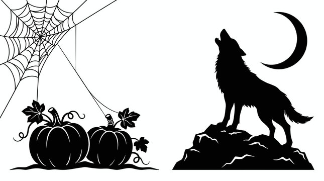 Halloween silhouette with pumpkins, spider web, wolf howling at the moon