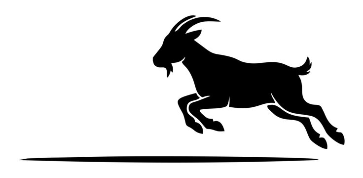 The image shows a black silhouette of a horned goat jumping or leaping forward against a plain white background