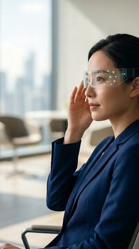 Asian Businesswoman Wearing Futuristic Smart Glass Visor With HUD Interface