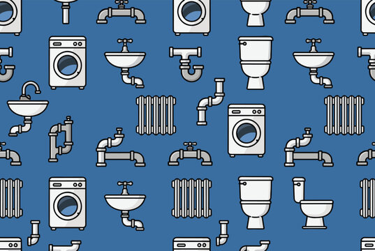 Seamless pattern of plumbing and sanitary equipment icons including sinks, toilets, washing machines, and pipes.