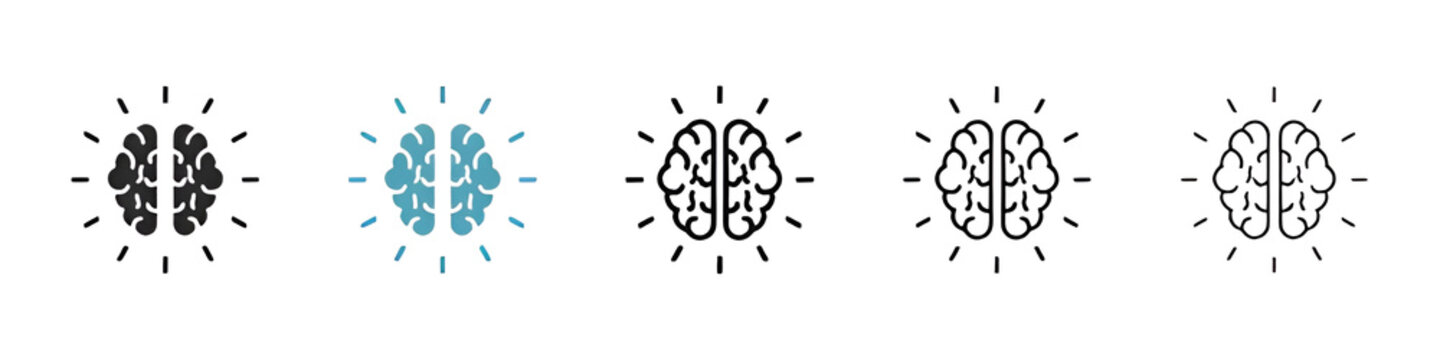 Mental Study Vector Icon Set. Brainwork and Mind Intelligence vector symbol for UI design. Thin line customizable illustration. Contour symbol. Vector isolated outline drawing. Editable stroke