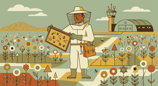 Mid-century modern flat vector style, a stylized beekeeper standing in a field of geometric flowers, rendered with textured shapes, retro color palette 